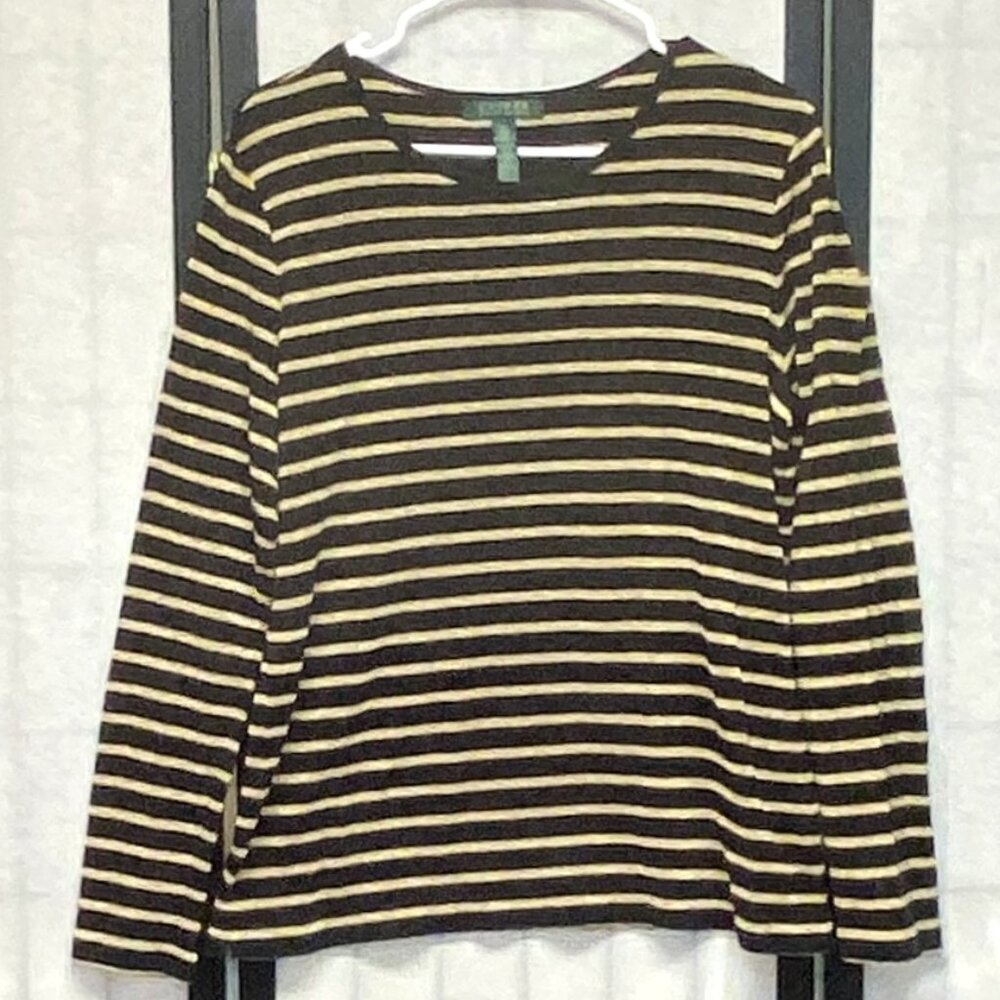 Ralph Lauren Metallic Gold & Black Stripe Stretch Scoop Neck Tee XL Long Sleeve